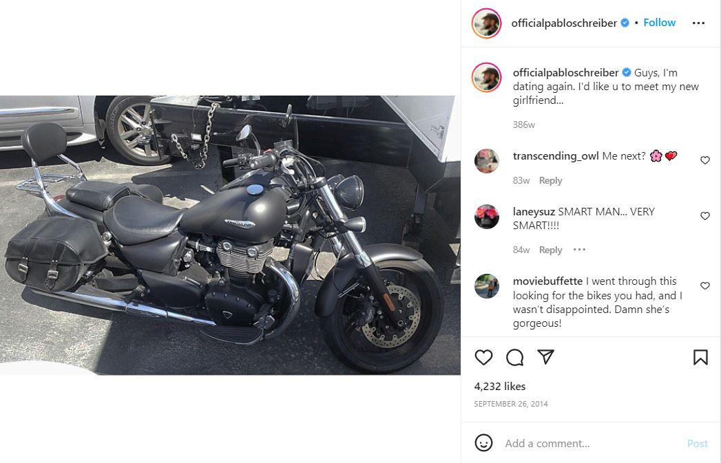 Pablo Schreiber jokes about his motorbike being his girlfriend.