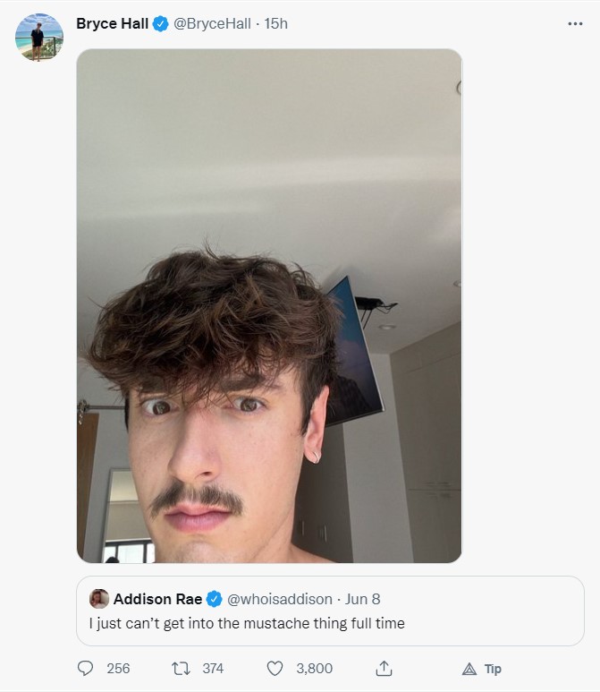 Bryce Hall's response to his ex-girlfriend Addison Rae's take on mustache