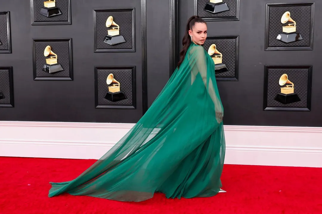 Sofia Carson posing on the red carpet of the Grammy Awards