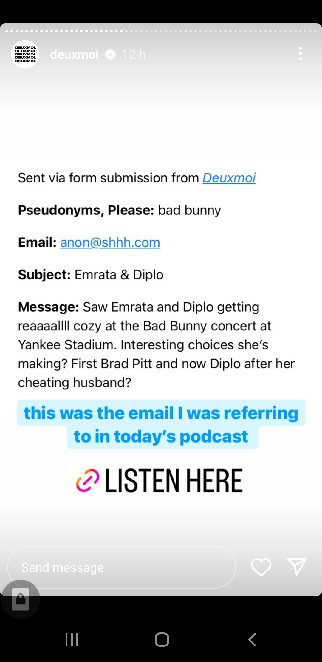 DeuxMoi spreading the news regarding Emily Ratajkowski and Diplo. (Source: Instagram)