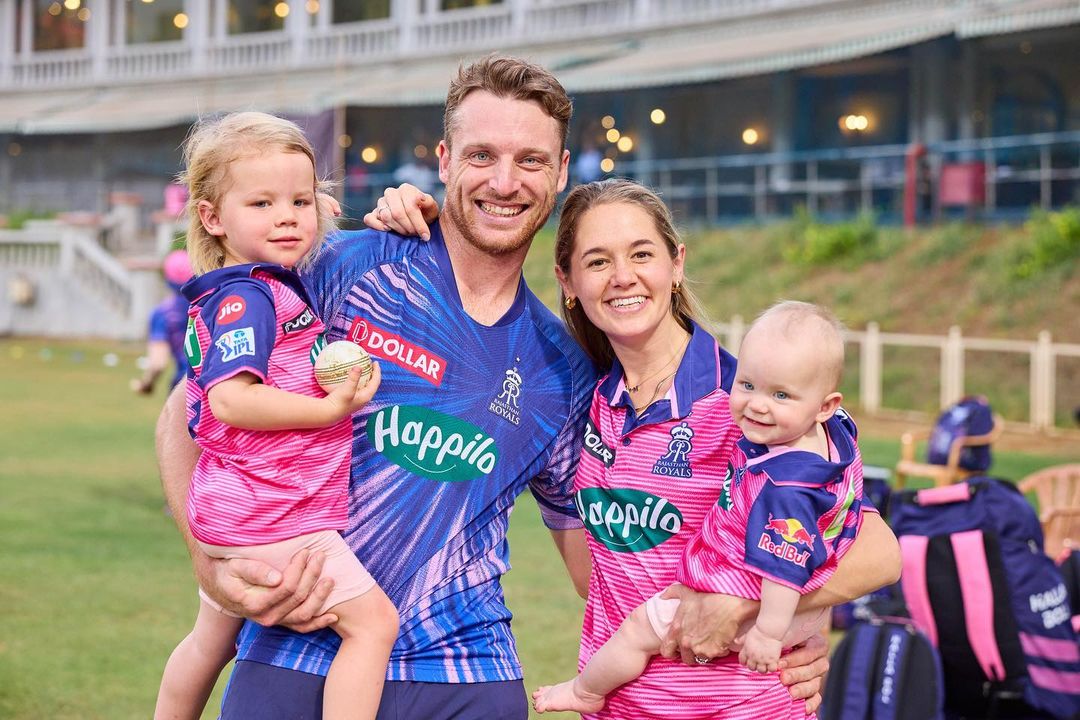 Jos Buttler, his wife Louise ‘Webber’ Buttler, and their children donning Rajasthan Royals' jersey