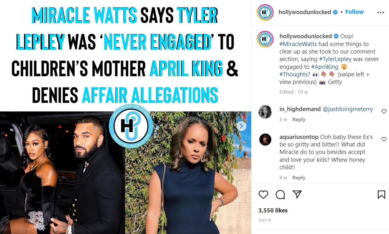 Miracle Watt claims that April King and Tyler Lepley were never engaged. 