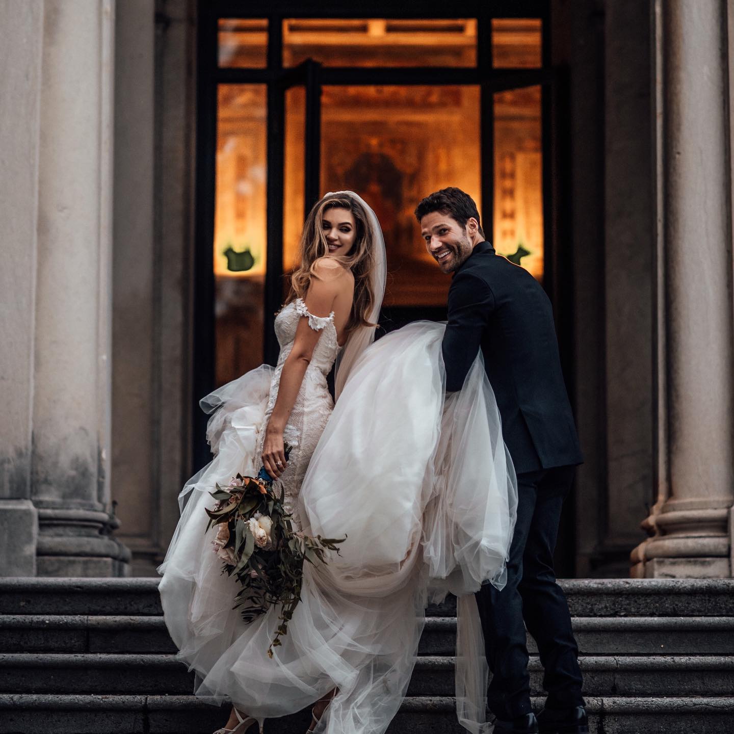 Aaron O'Connell with his wife, Natalie Pack, during their wedding photoshoot