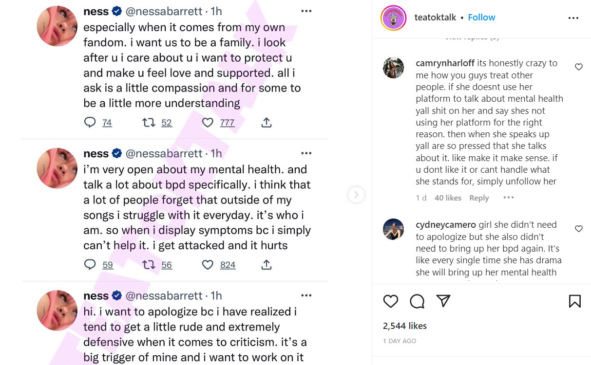 Nessa Barrett's fans show their support for her in the comments section. 
