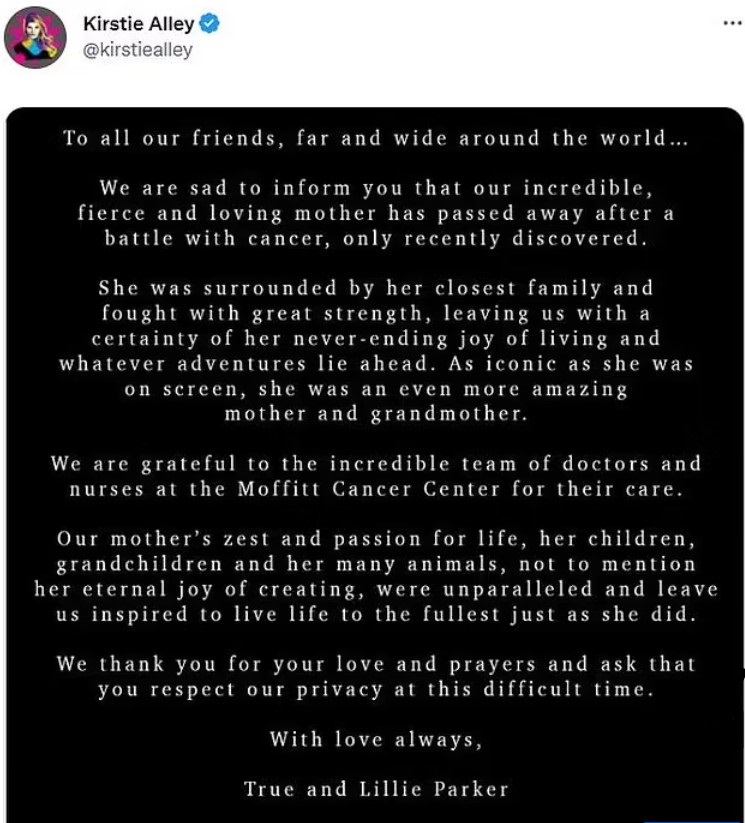 Kirstie Alley's children confirmed her death from cancer. 