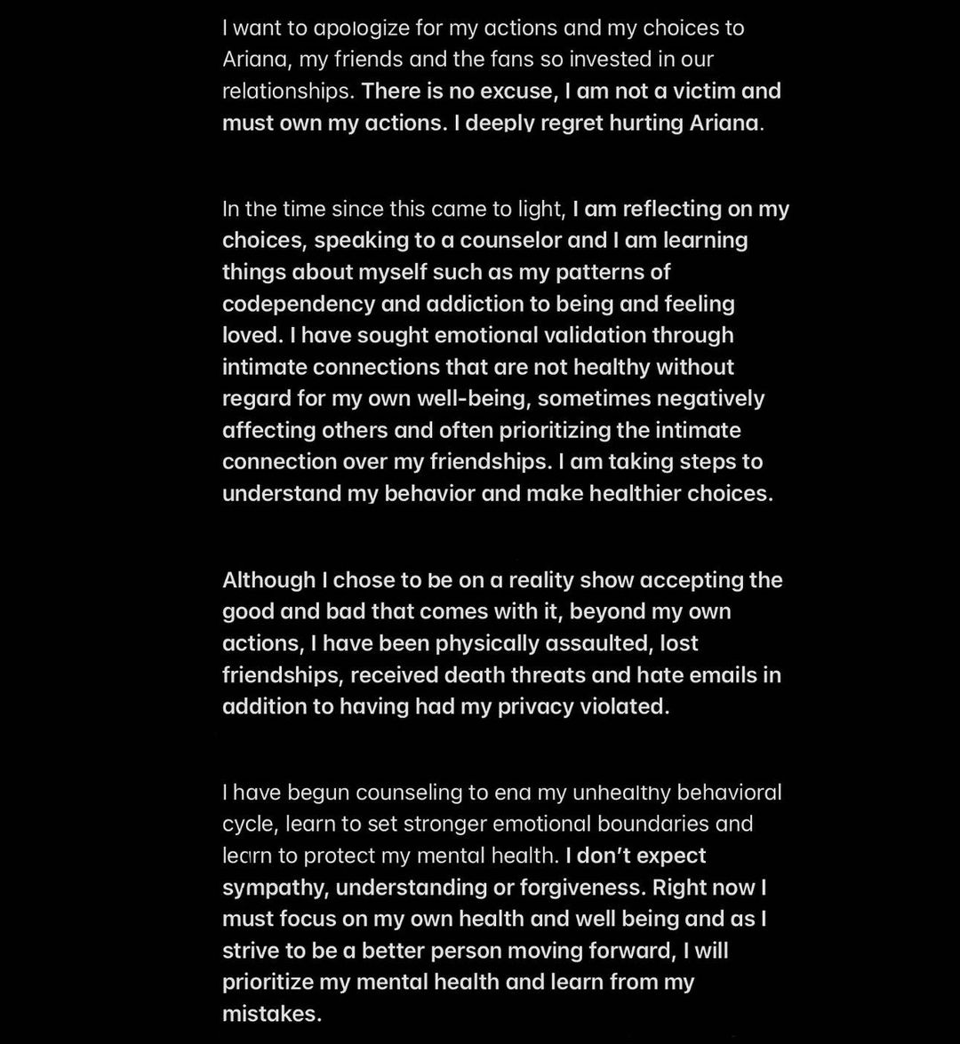 Raquel Leviss posted an apology on her Instagram following the incident with Tom Sandoval