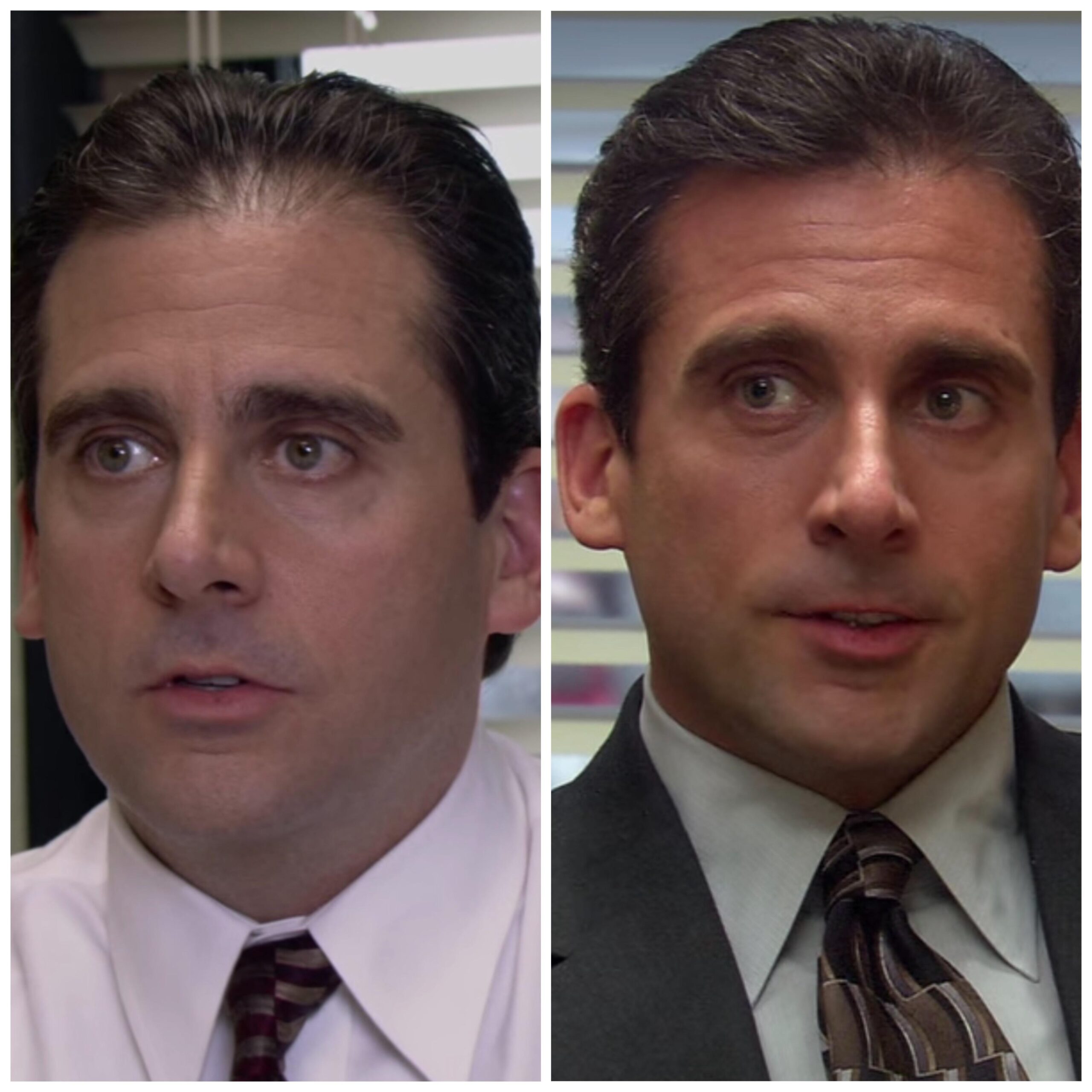 The change noticed in Steve Carell's hair before (L) and after the first season of The Office