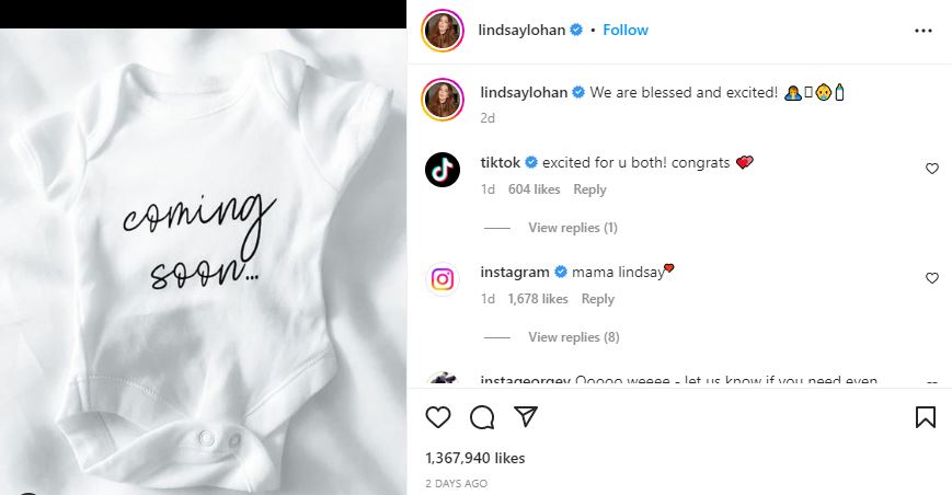 Lindsay Lohan's pregnancy announcement on Instagram.
