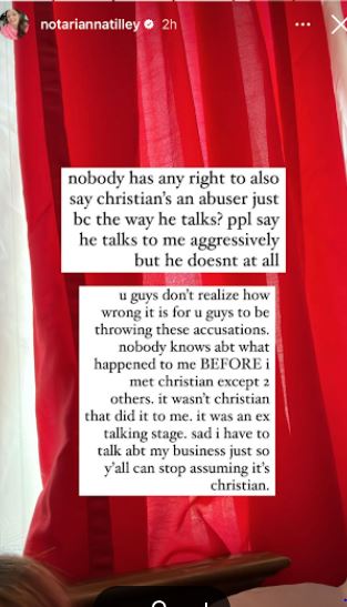 Cora Tilley screenshot of her defending Christian.