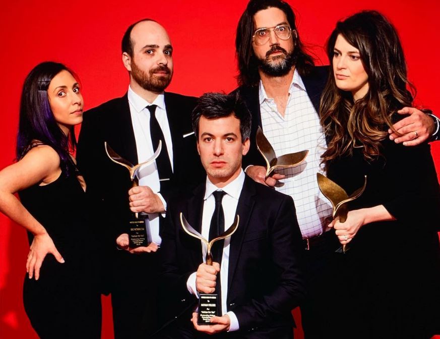 Nathan Fielder with the cast of Nathan for You winning the WGA Awards