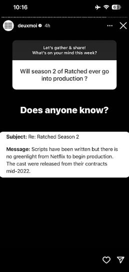 Deuxmoi screenshot on Ratched season 2 production