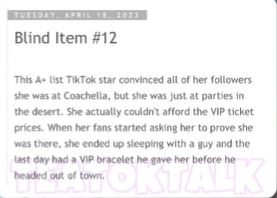 Blind Item called out an A-list TikToker for faking Coachella attendance.