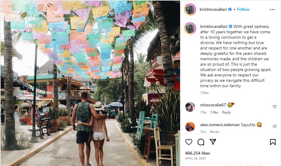 Kristin Cavallari's Instagram post on getting divorced in 2020.