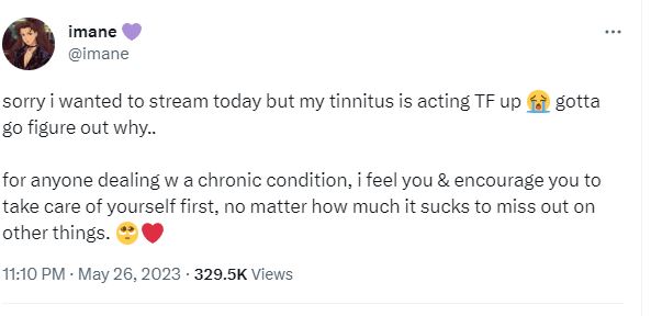 Pokimane Twitter post sharing her Tinnitus condition