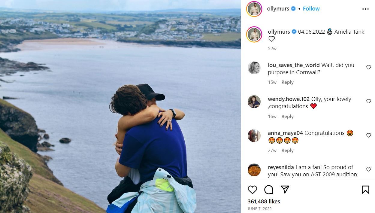 Fiancee Olly Murs posted a picture of the day he proposed to Amelia Tank