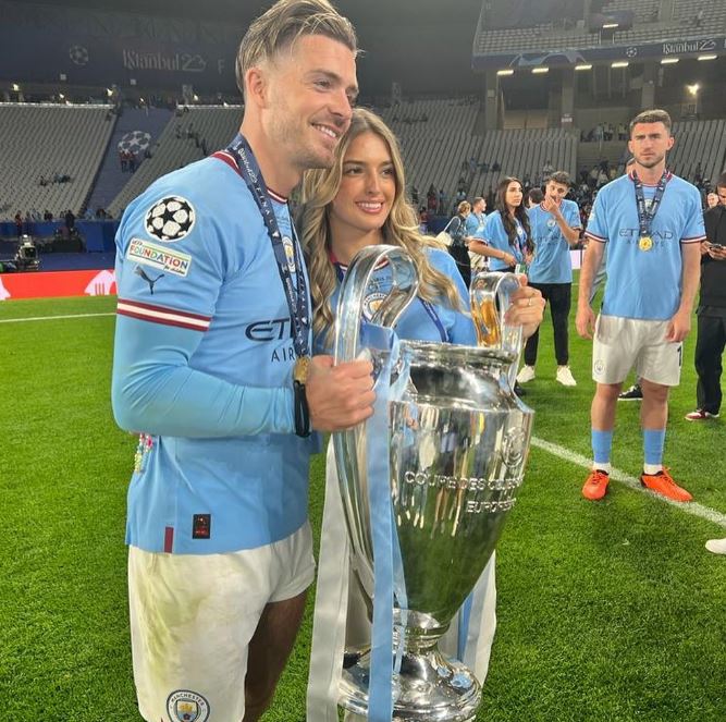 Jack Grealish with his girlfriend Sasha Rebeca Attawood after winning the UCL
