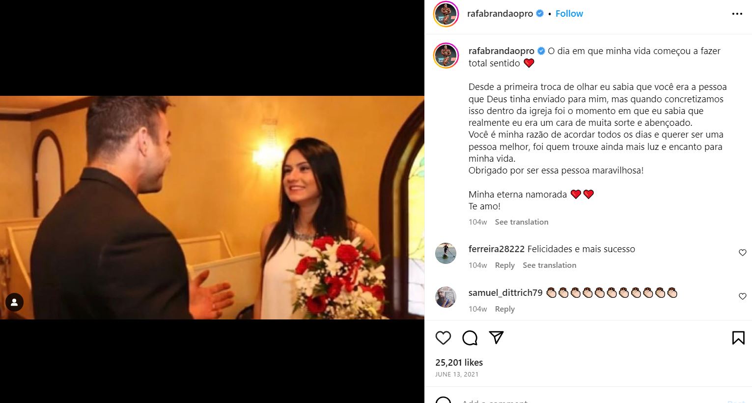 Rafael Brandao posts a photo of their wedding