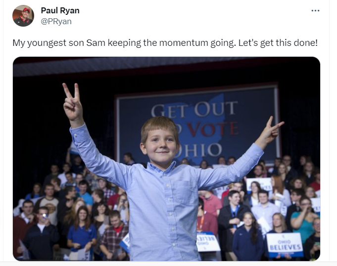 Paul Ryan accompanied by his youngest son in a campaign