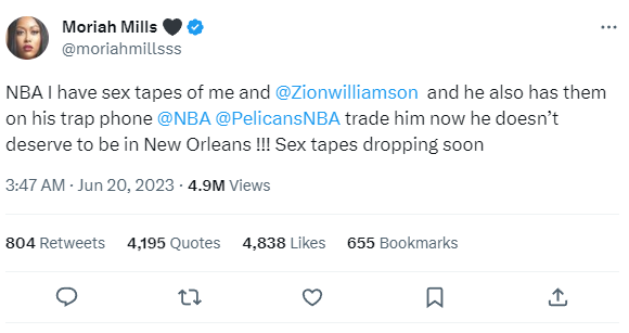 Moriah Mills declared she and Zion Williamson have a sex tape