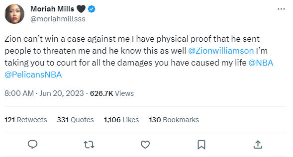 Moriah Mills tweets against Zion Williamson