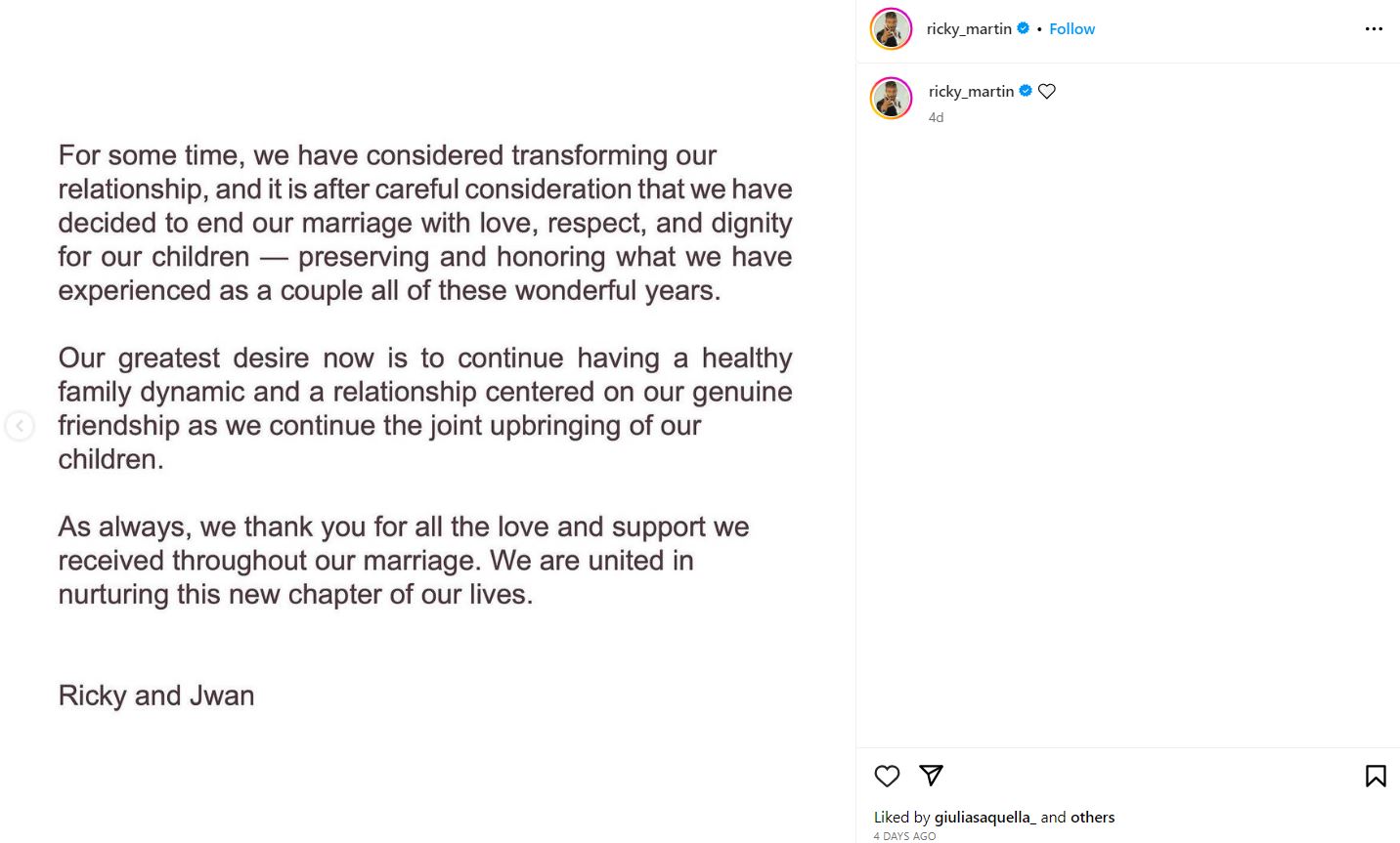 Ricky Martin announces the divorce from Jwan Yosef on Instagram
