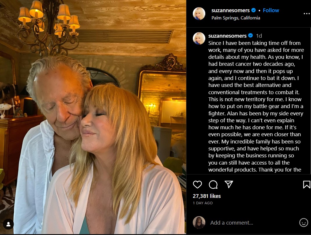 Suzanne Somers shares her health condition on social media. 